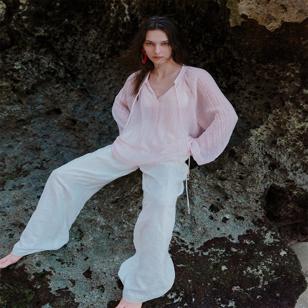 ROSELINGLING Midsummer Commuting Series Breathable Wrinkled Hemp Shoulder Lantern Sleeve Hand Woven Rope Top image 3