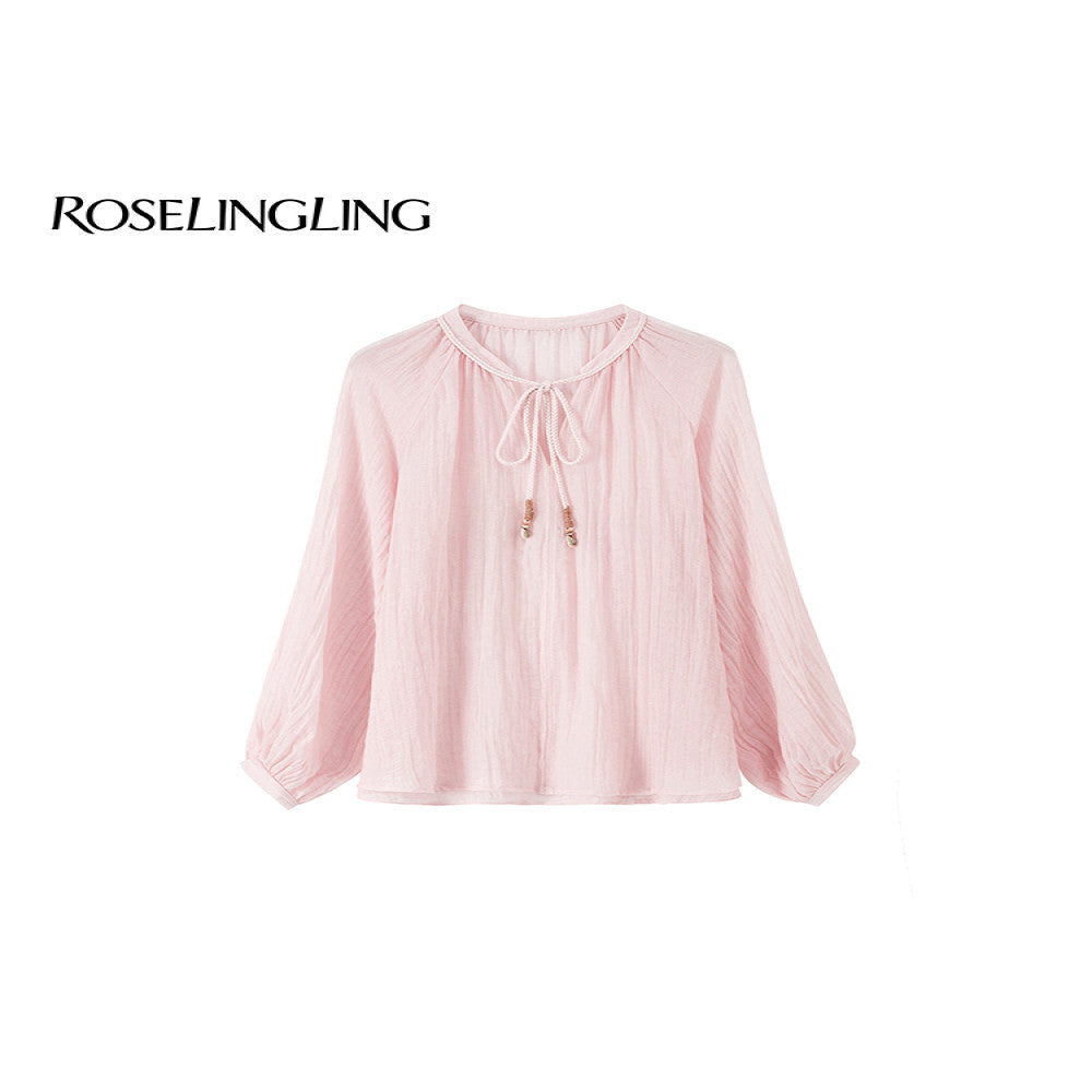 ROSELINGLING Midsummer Commuting Series Breathable Wrinkled Hemp Shoulder Lantern Sleeve Hand Woven Rope Top image 5