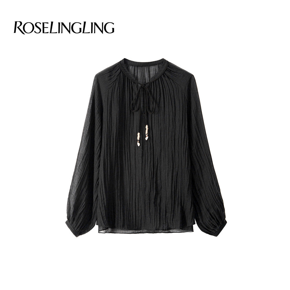 ROSELINGLING Midsummer Commuting Series Breathable Wrinkled Hemp Shoulder Lantern Sleeve Hand Woven Rope Top image 6