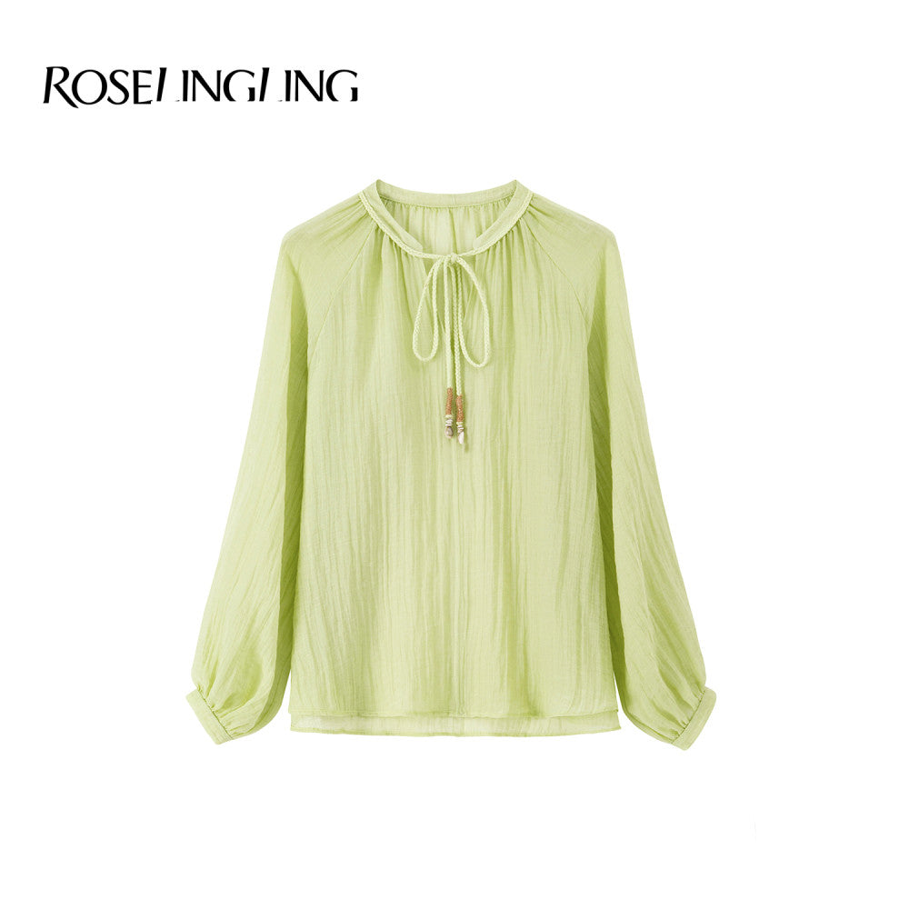ROSELINGLING Midsummer Commuting Series Breathable Wrinkled Hemp Shoulder Lantern Sleeve Hand Woven Rope Top image 21