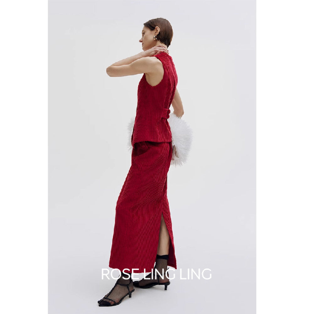 RoseLingLing King Stripe Created Coarse Pit Corduroy Intellectually Style Vest Straight Tube Half Skirt image 0