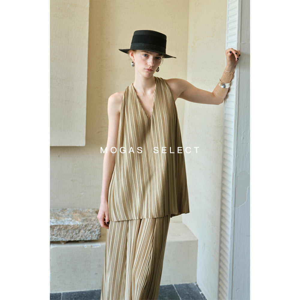 Mogas Dynamic Goddess Heavy Industry Miyake Style Shell Gloss Hundred Fold Twisted Sleeveless Top Wide Leg Pants Women s Summer image 13