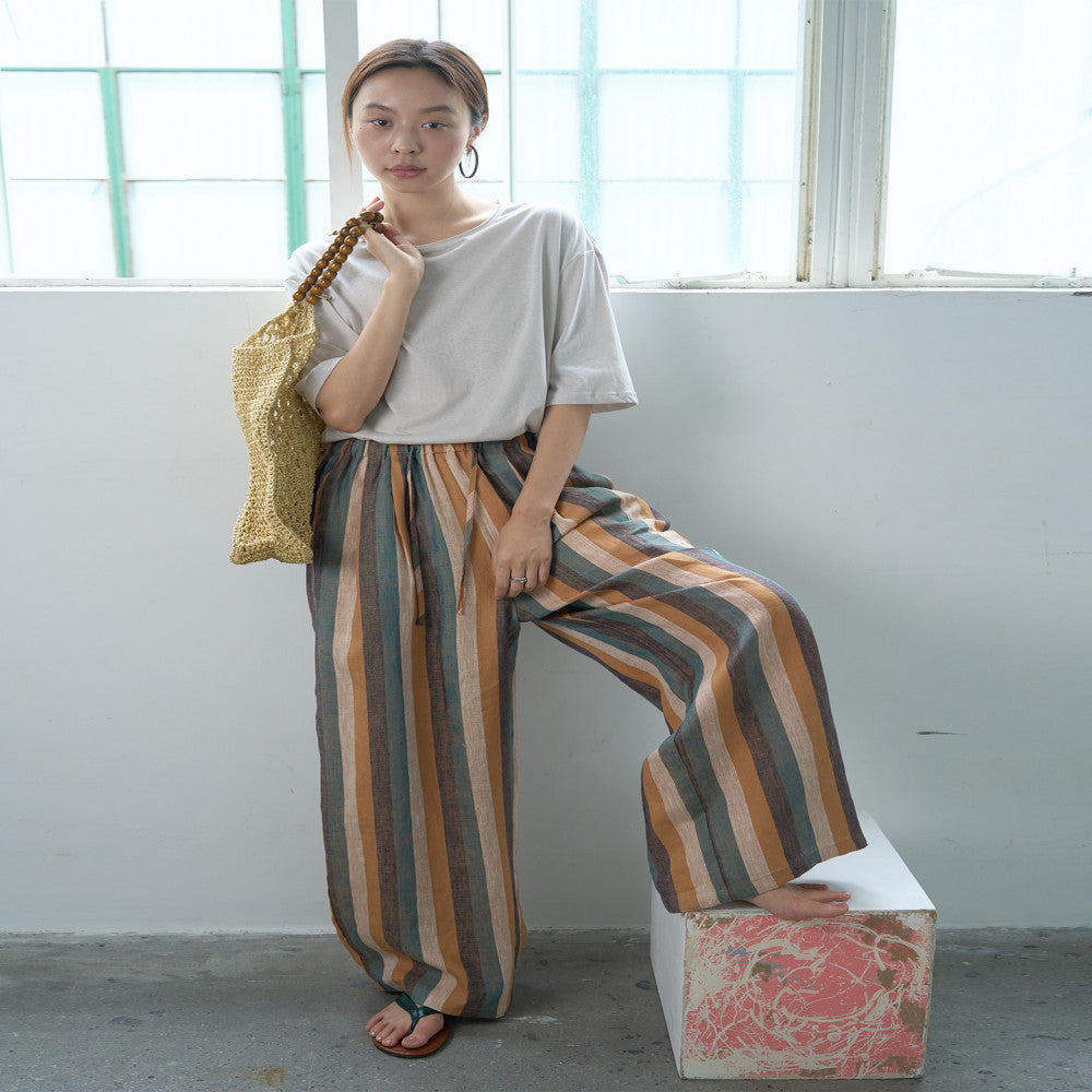 NOTHINGNOWHERE full linen yarn dyed retro striped elastic waisted casual pants image 1