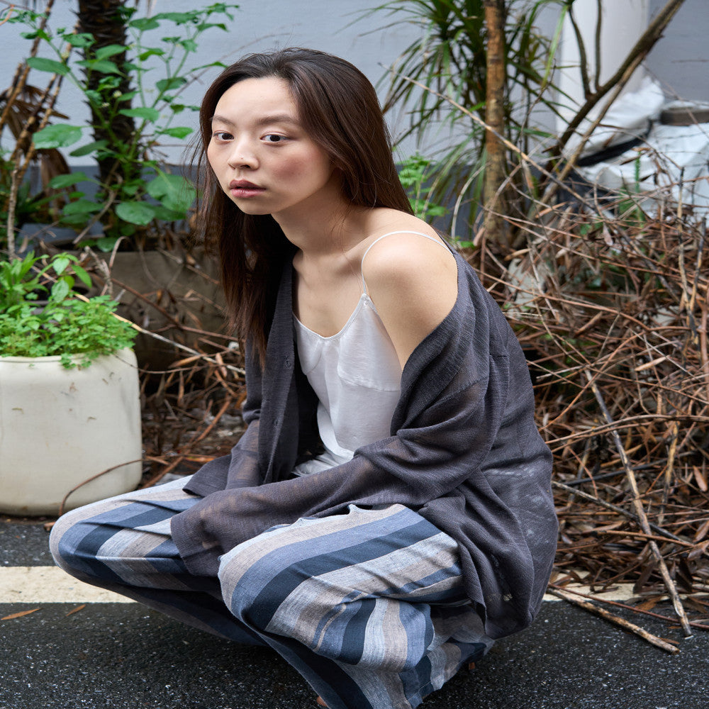 NOTHINGNOWHERE full linen yarn dyed retro striped elastic waisted casual pants image 2