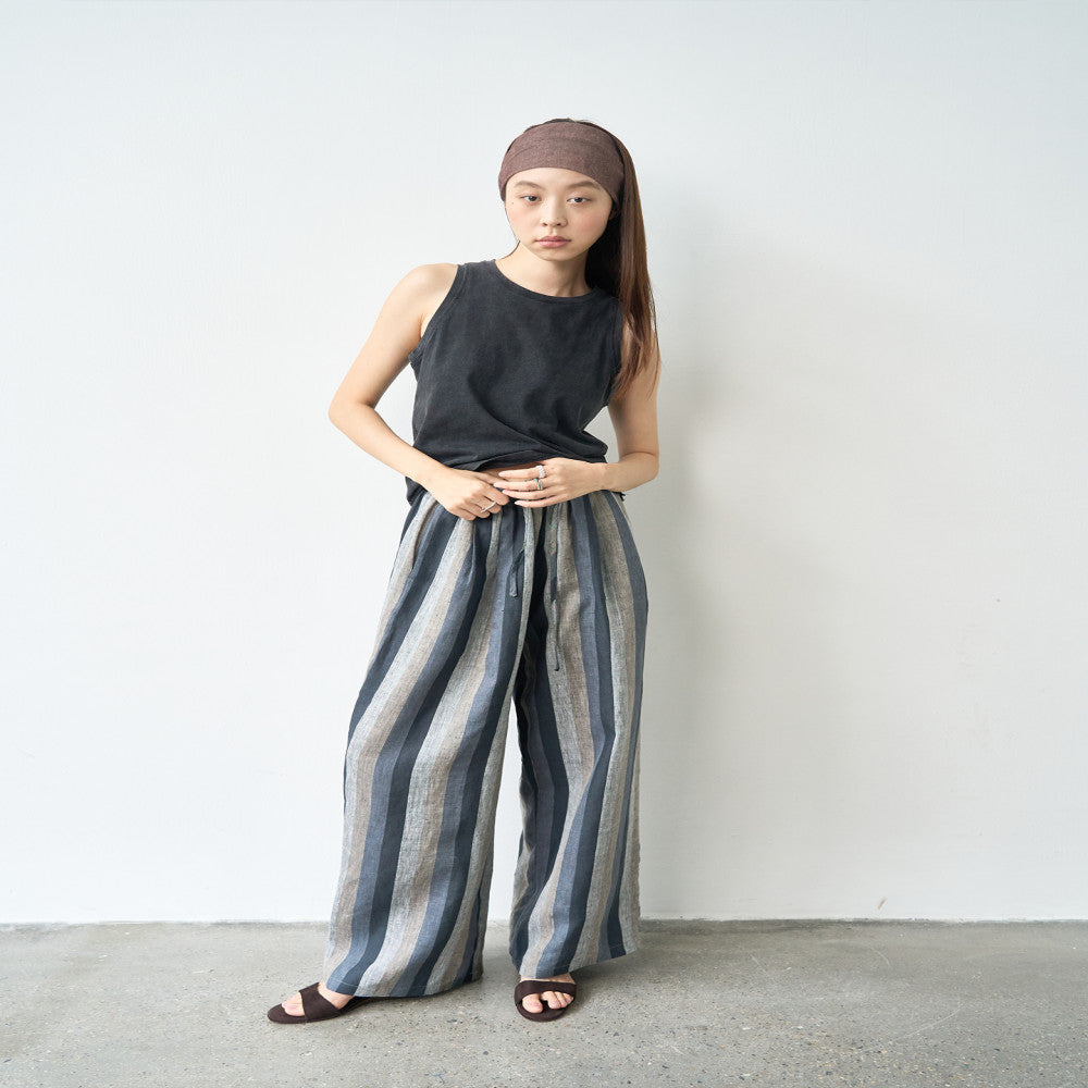 NOTHINGNOWHERE full linen yarn dyed retro striped elastic waisted casual pants image 3
