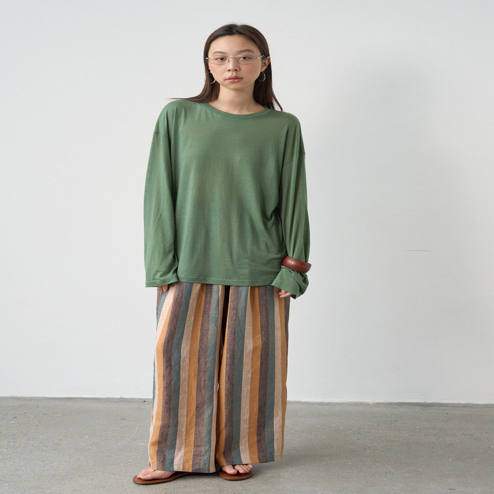 NOTHINGNOWHERE full linen yarn dyed retro striped elastic waisted casual pants image 4