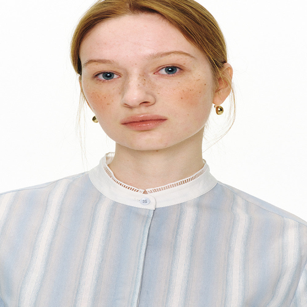 ItoshIroshI custom mulberry silk cotton blend dyed striped patchwork lace stand up collar fitted shirt image 3