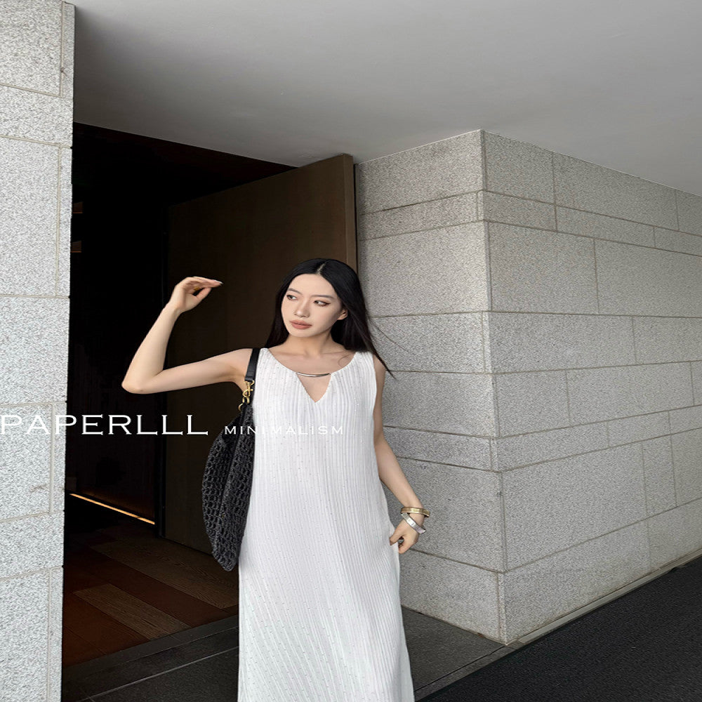 PAPERLLL Xinjian agile and lightweight French vacation style pleated sleeveless dress for women s summer loose A line skirt image 11