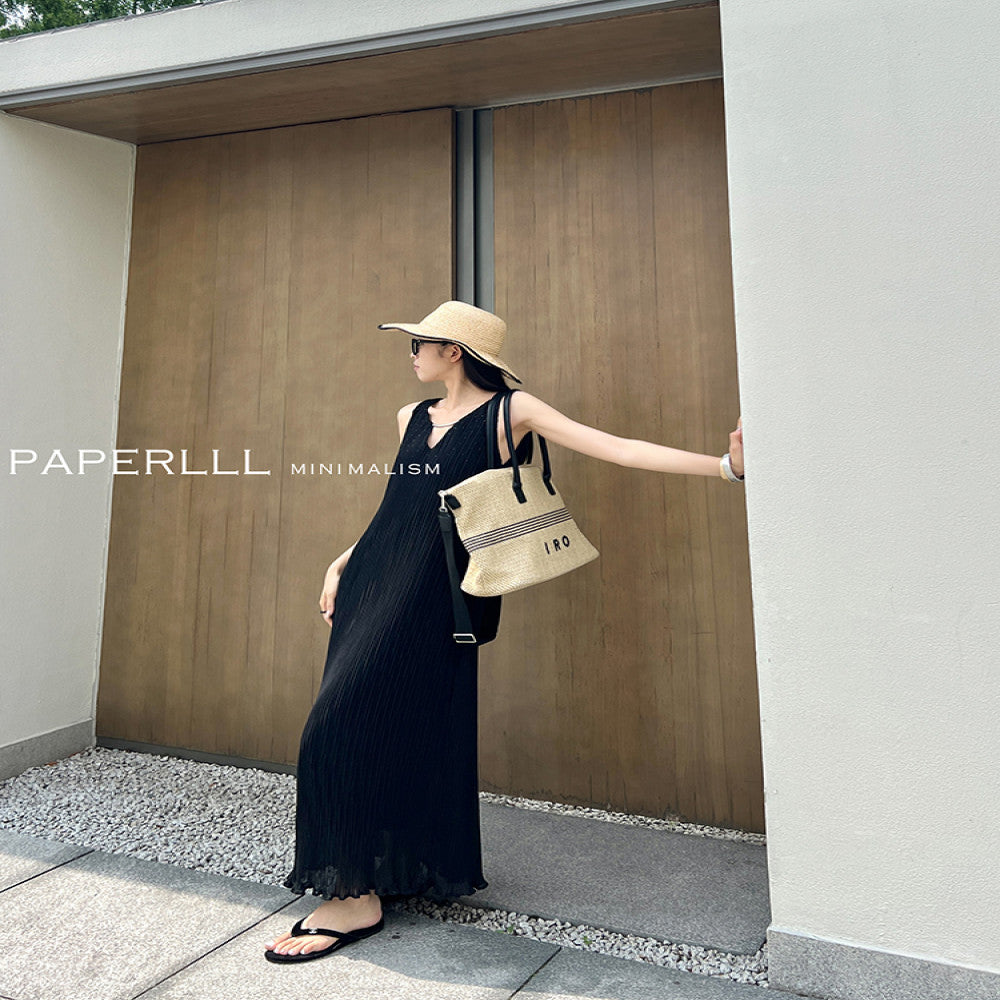 PAPERLLL Xinjian agile and lightweight French vacation style pleated sleeveless dress for women s summer loose A line skirt image 16