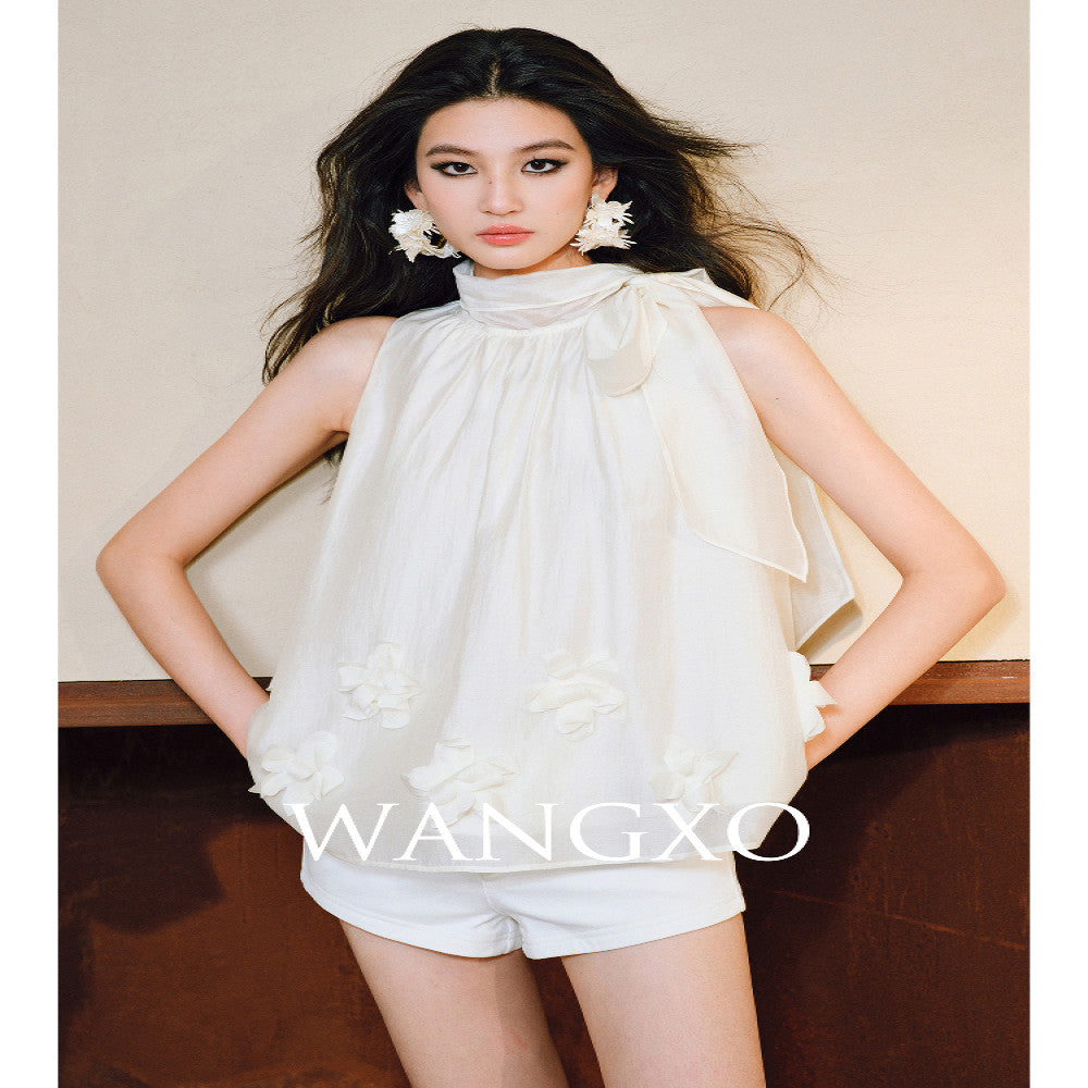 WANGXO Luxury brand high end Tencel acetate Heavy duty handmade nail flower French loose ribbon sleeveless top image 4