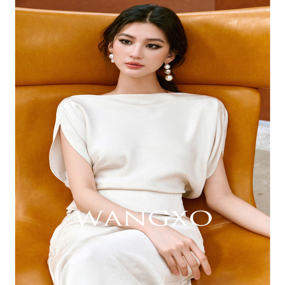 WANGXO Starry Silver Scratched Double sided Satin Quiet Luxury Style One Piece Neck Topu0026Slanted Fish Tail Skirt Set image 1