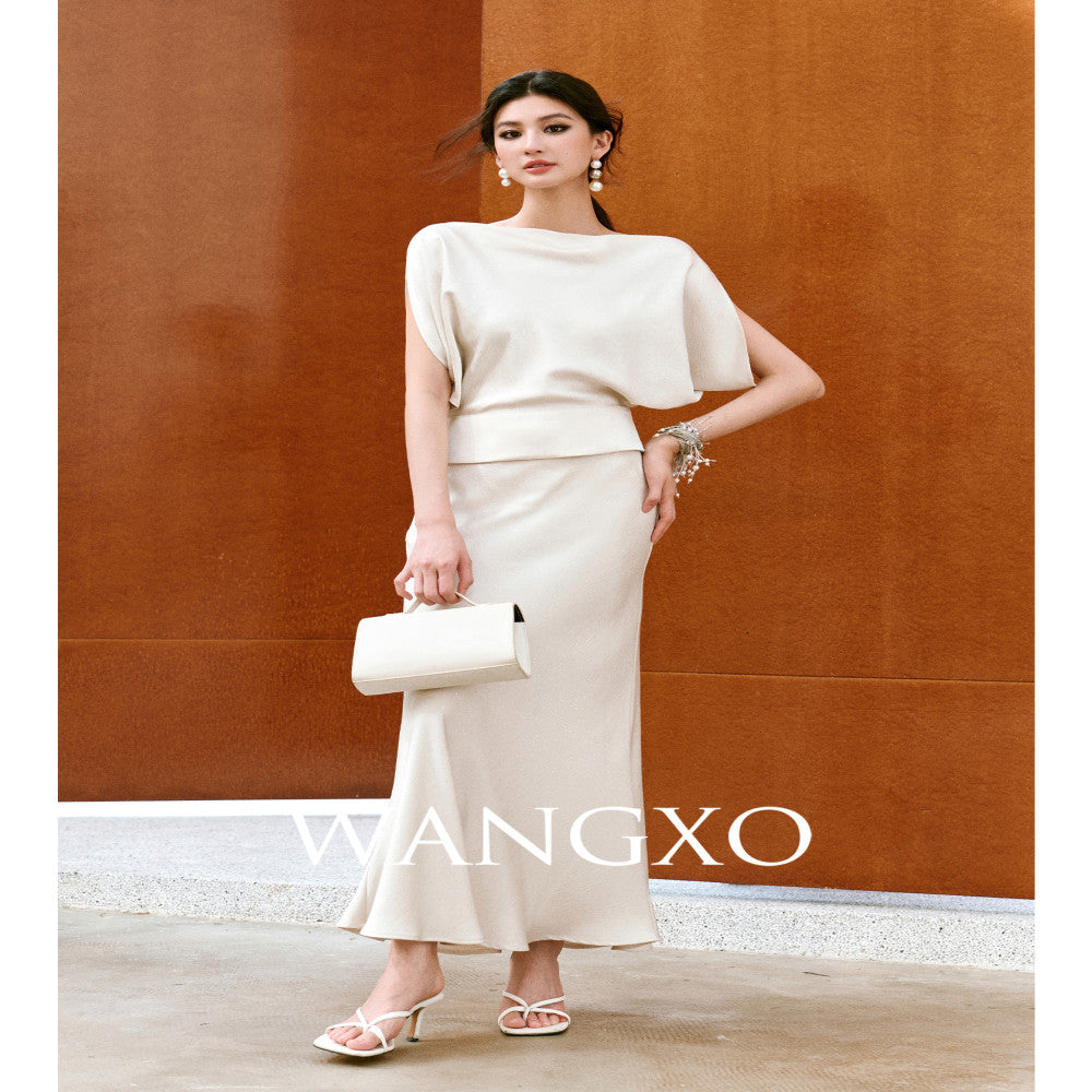 WANGXO Starry Silver Scratched Double sided Satin Quiet Luxury Style One Piece Neck Topu0026Slanted Fish Tail Skirt Set image 2