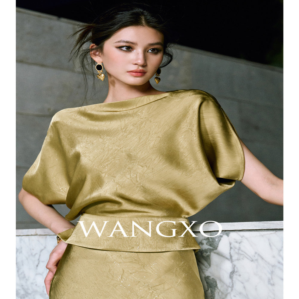 WANGXO Starry Silver Scratched Double sided Satin Quiet Luxury Style One Piece Neck Topu0026Slanted Fish Tail Skirt Set image 3
