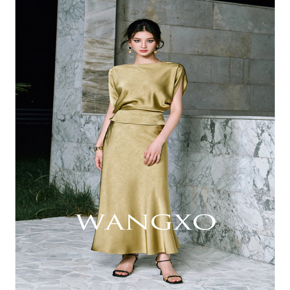 WANGXO Starry Silver Scratched Double sided Satin Quiet Luxury Style One Piece Neck Topu0026Slanted Fish Tail Skirt Set image 4