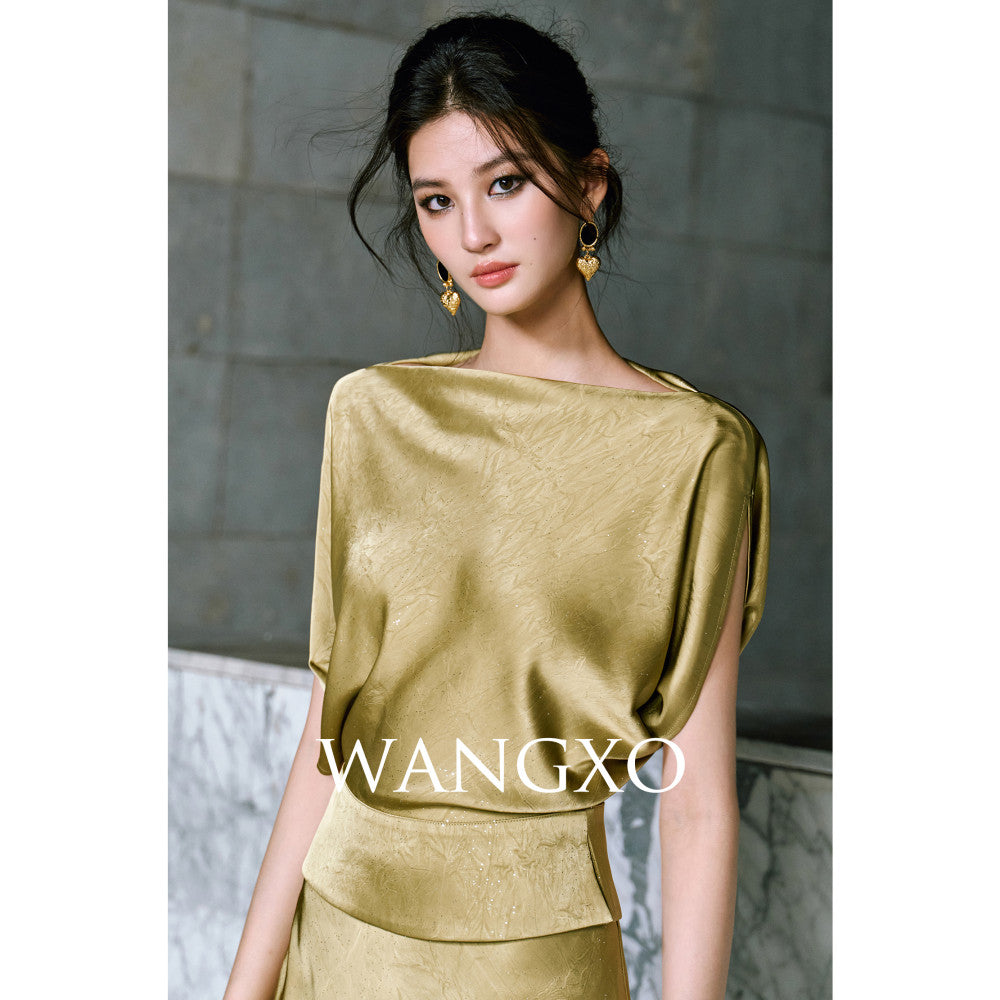 WANGXO Starry Silver Scratched Double sided Satin Quiet Luxury Style One Piece Neck Topu0026Slanted Fish Tail Skirt Set image 8