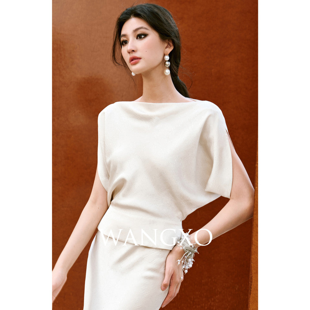 WANGXO Starry Silver Scratched Double sided Satin Quiet Luxury Style One Piece Neck Topu0026Slanted Fish Tail Skirt Set image 23