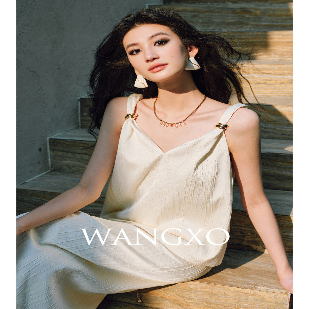 WANGXO High Ding Heavy Industry pleated satin Lazy and distinguished metal shoulder loop loose topu0026straight half skirt image 1