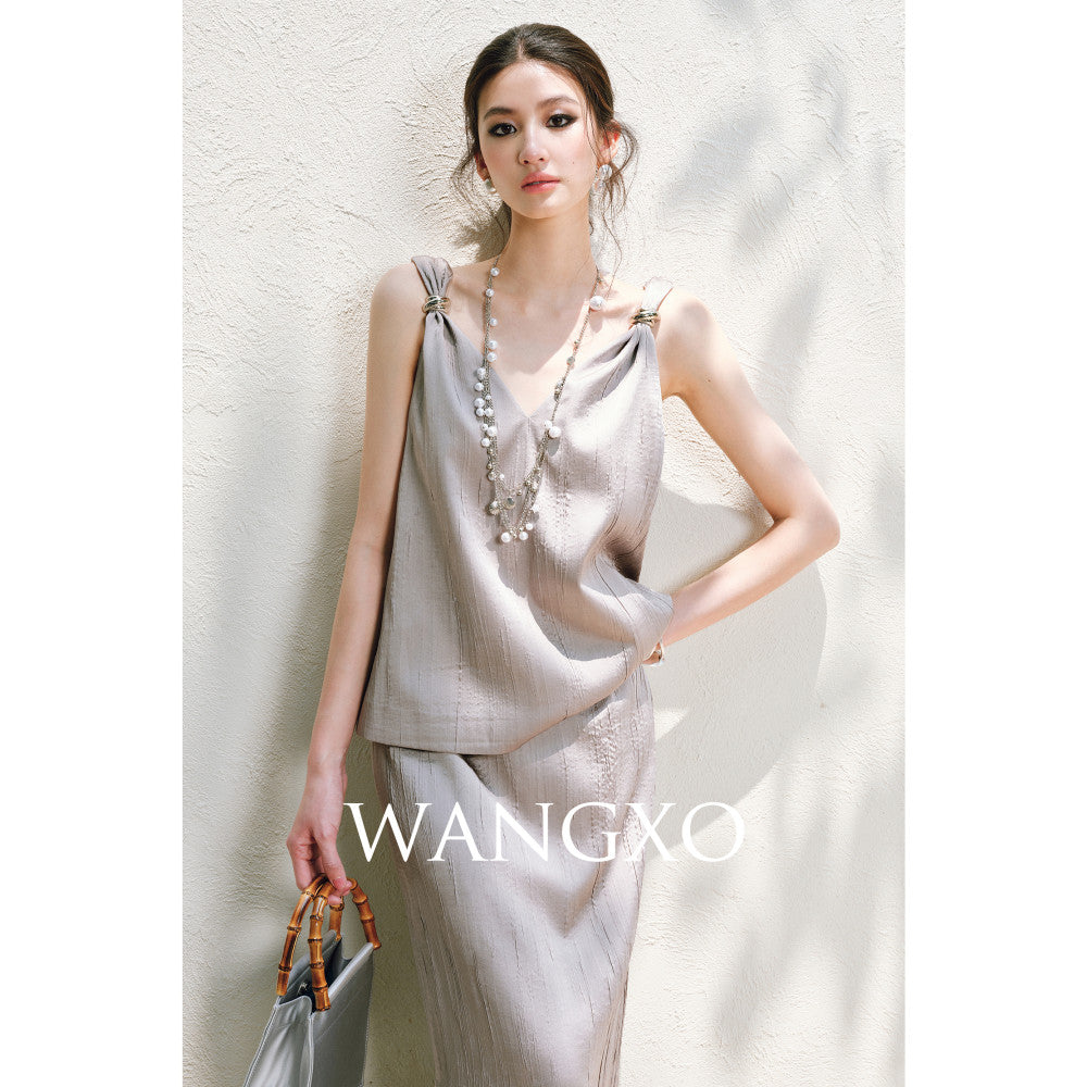 WANGXO High Ding Heavy Industry pleated satin Lazy and distinguished metal shoulder loop loose topu0026straight half skirt image 11