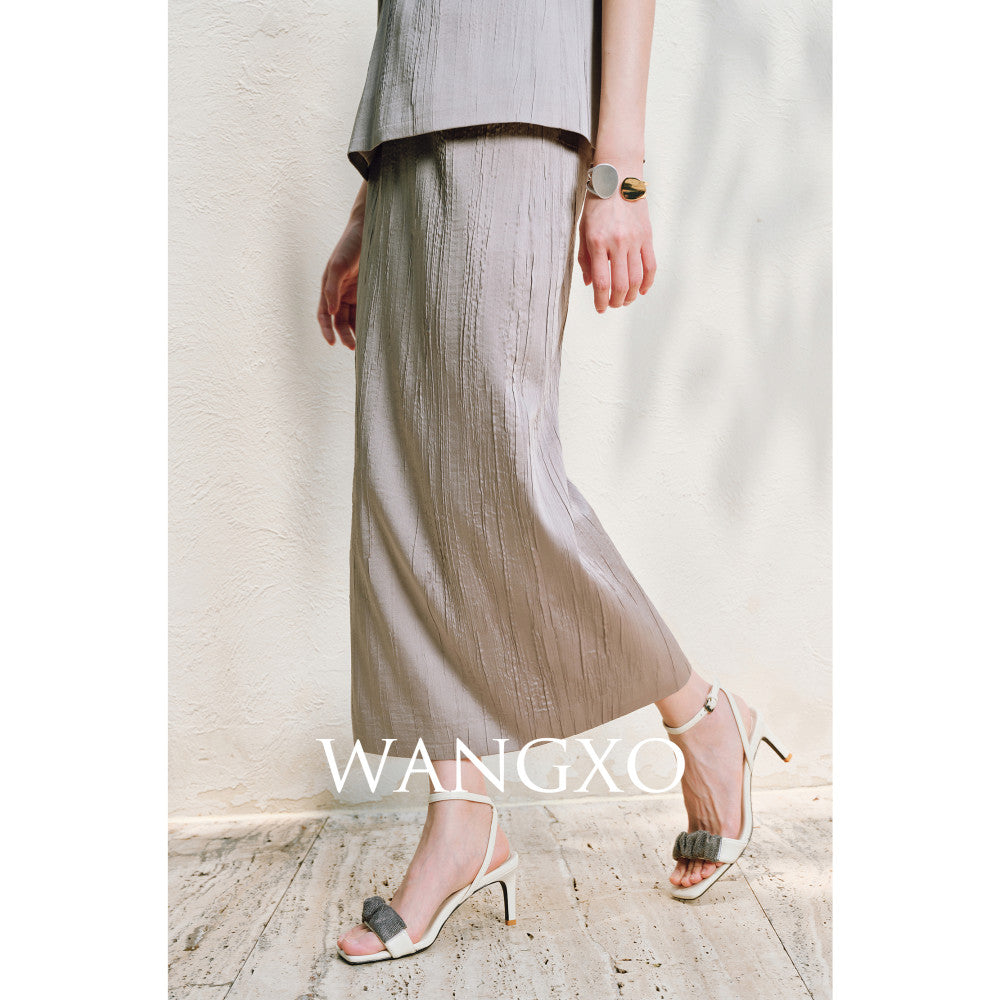 WANGXO High Ding Heavy Industry pleated satin Lazy and distinguished metal shoulder loop loose topu0026straight half skirt image 15