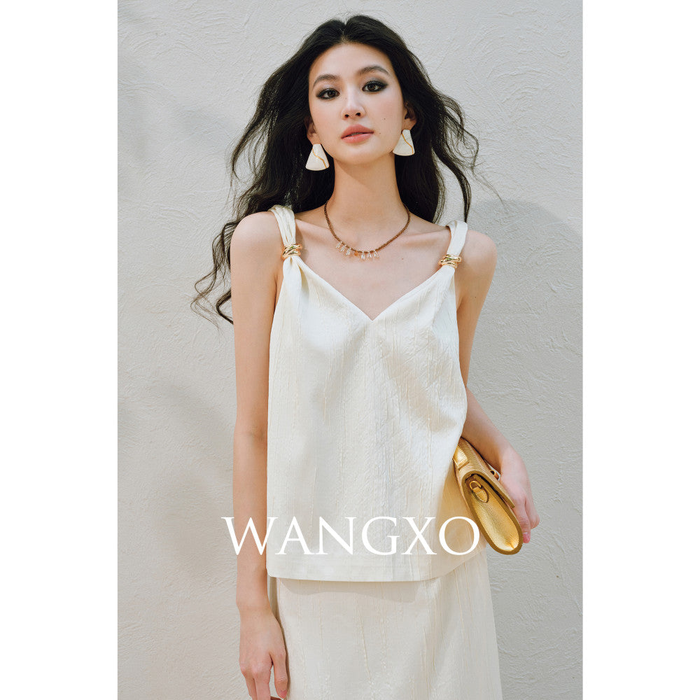 WANGXO High Ding Heavy Industry pleated satin Lazy and distinguished metal shoulder loop loose topu0026straight half skirt image 22