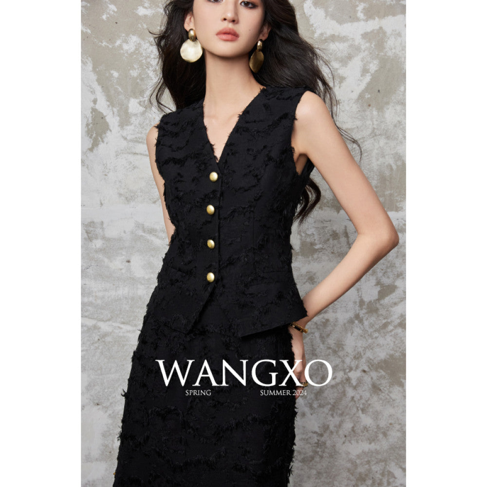 WANGXO Tassel brushed jacquard texture Reshaping Eastern aesthetics V neck vest high waisted half skirt set image 21