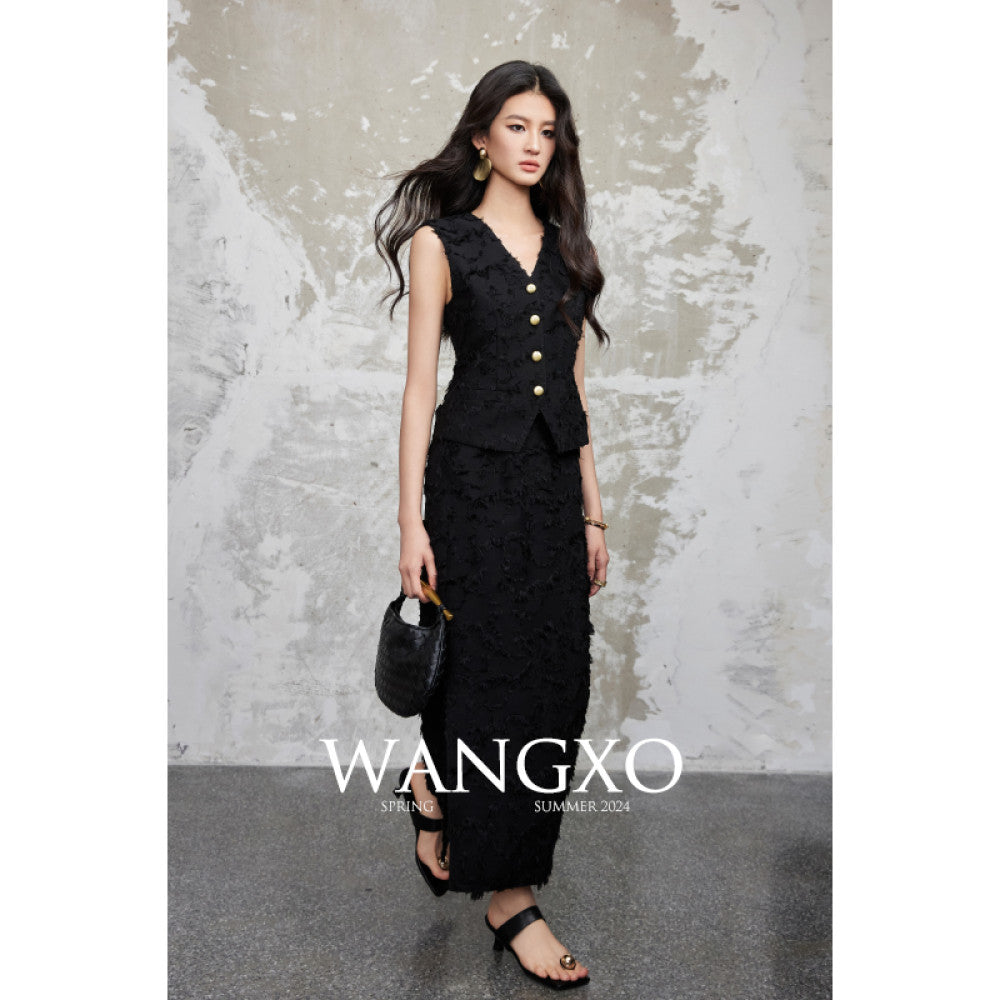 WANGXO Tassel brushed jacquard texture Reshaping Eastern aesthetics V neck vest high waisted half skirt set image 29