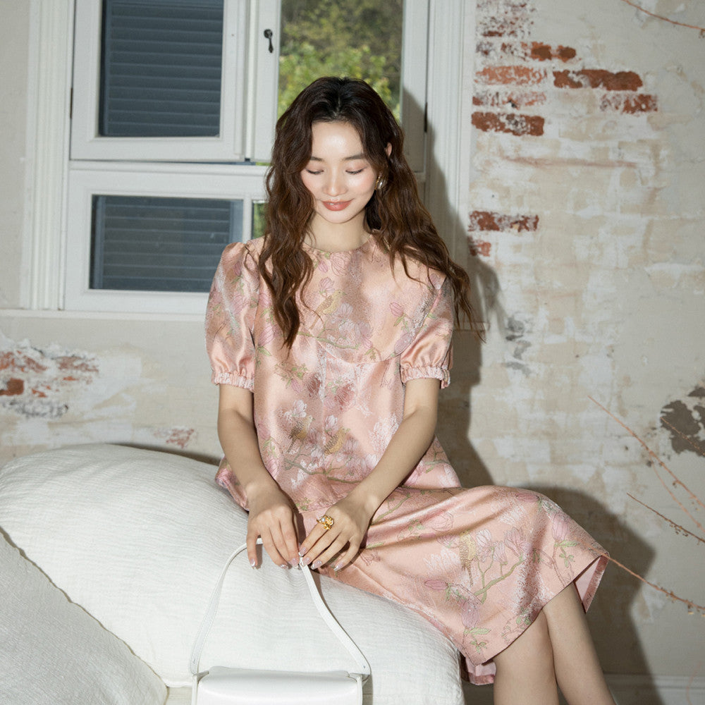 Fortune Pink Jacquard Retro Loose Aging Set Design Sense Short Sleeve Top Small Half Body Skirt 2850 image 9