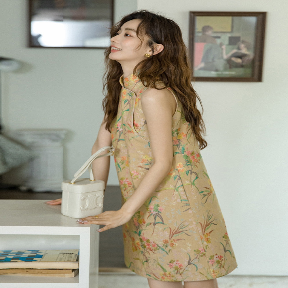 Sleeveless short style retro daily jacquard Hong Kong style qipao 2865 Chinese style heavy industry socialite light luxury dress image 3