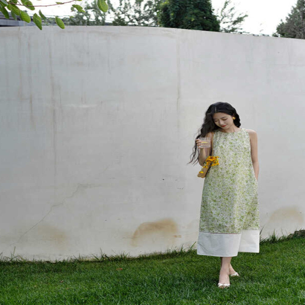 Ching s French retro contrasting one neck dress sleeveless cotton print patchwork hollow A line skirt summer image 1