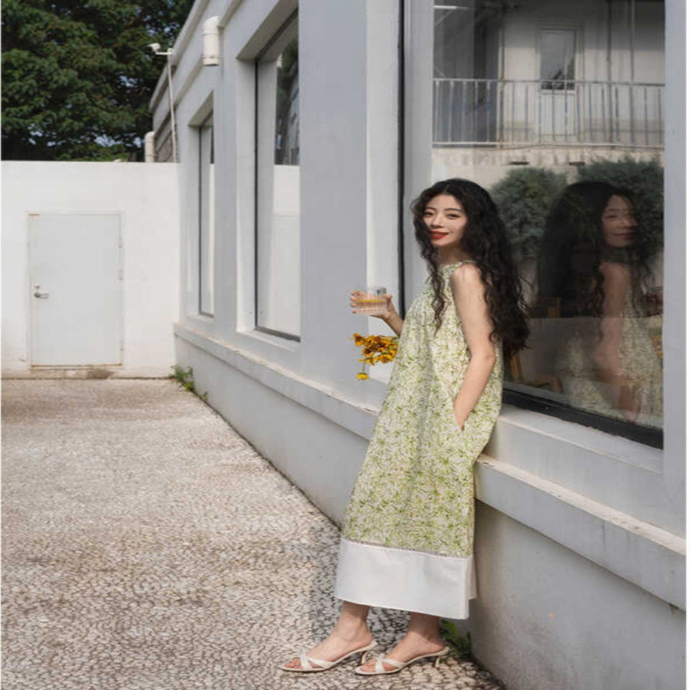 Ching s French retro contrasting one neck dress sleeveless cotton print patchwork hollow A line skirt summer image 2