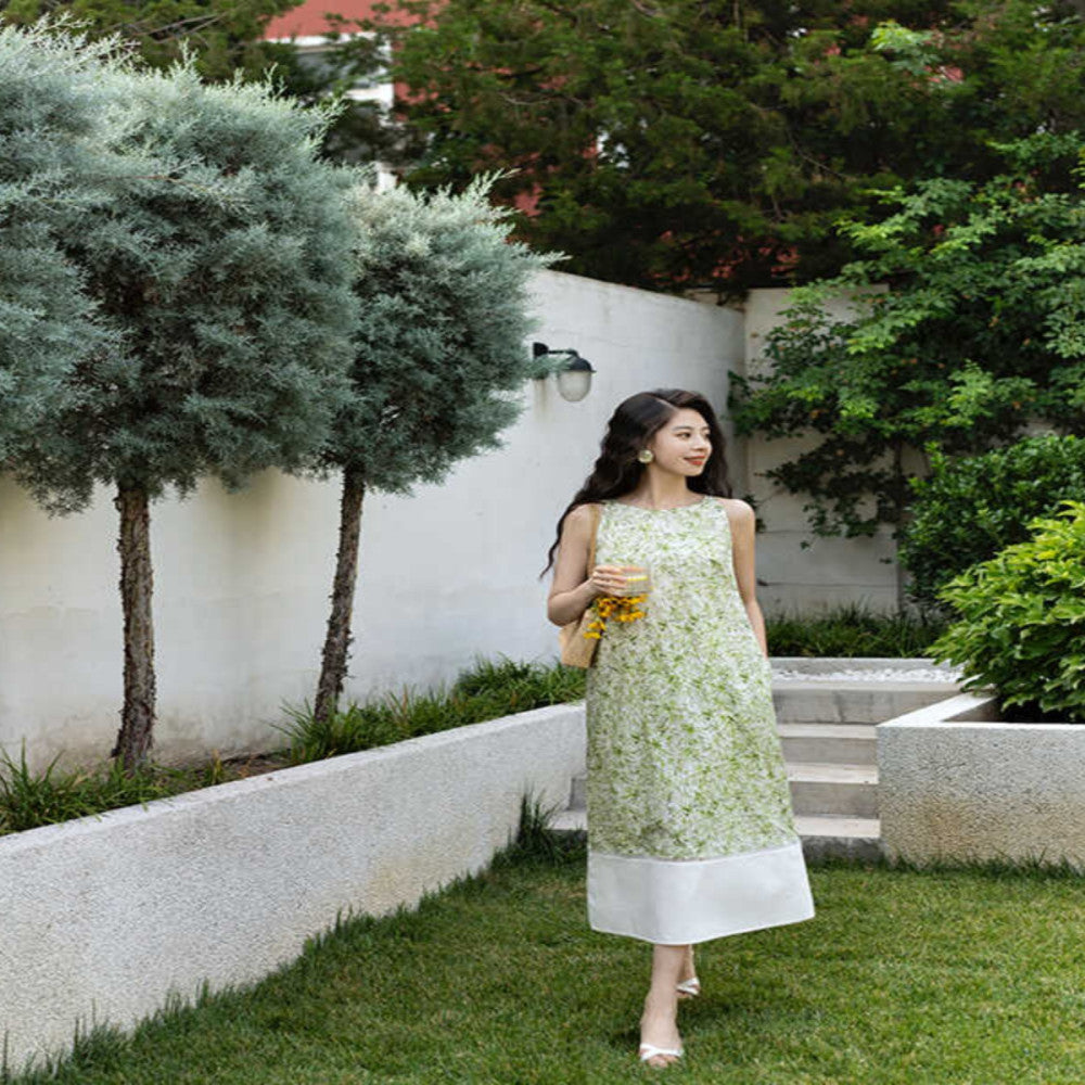 Ching s French retro contrasting one neck dress sleeveless cotton print patchwork hollow A line skirt summer image 3