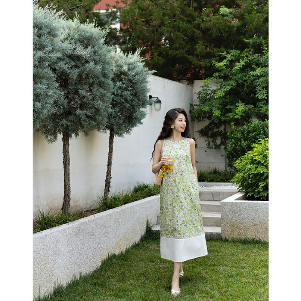 Ching s French retro contrasting one neck dress sleeveless cotton print patchwork hollow A line skirt summer image 7