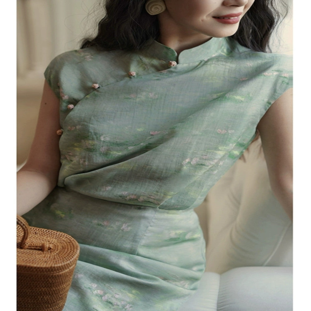Ching s new Chinese retro contrasting color cheongsam with high waist for slimming commuting Monet garden oil painting style dress summer image 2