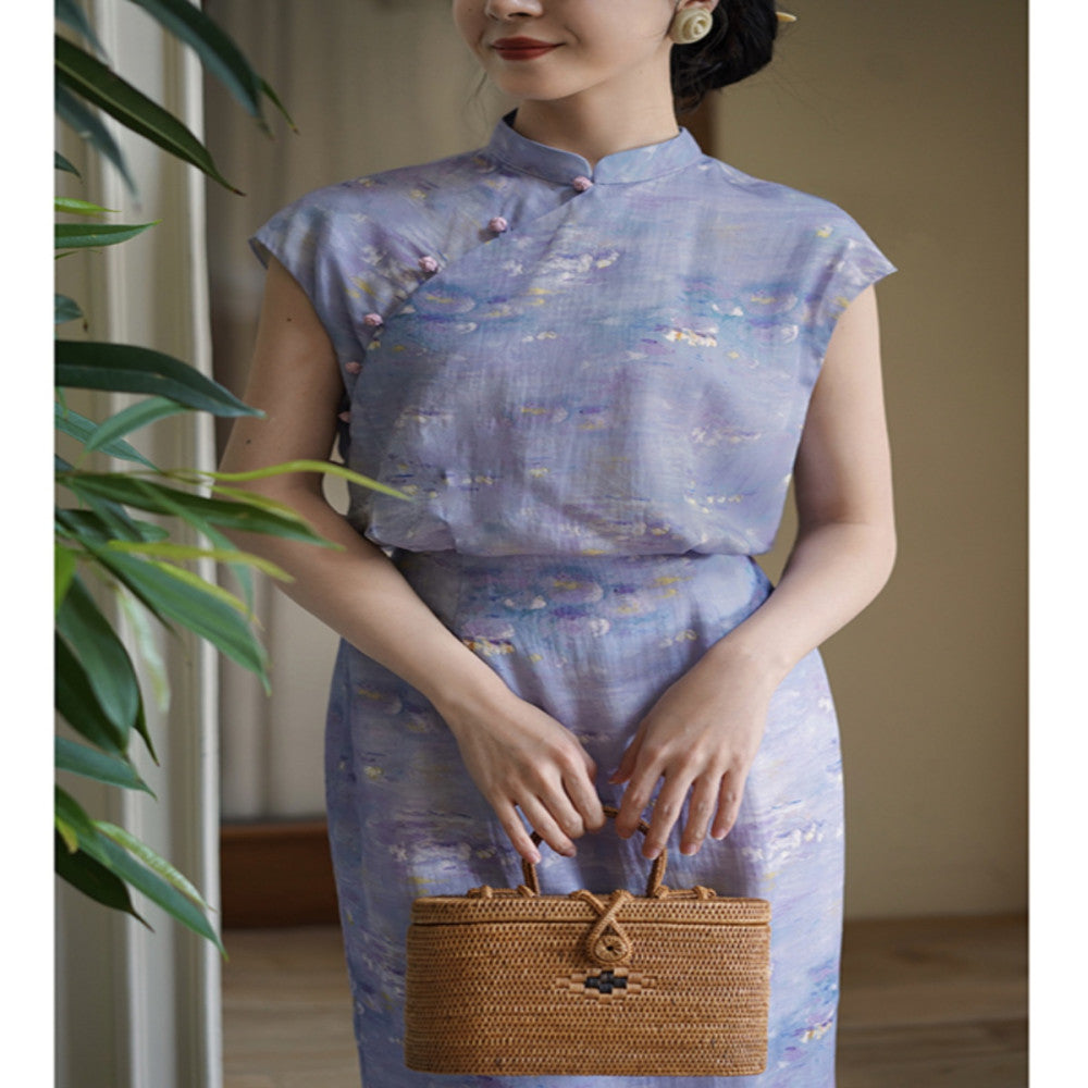 Ching s new Chinese retro contrasting color cheongsam with high waist for slimming commuting Monet garden oil painting style dress summer image 4