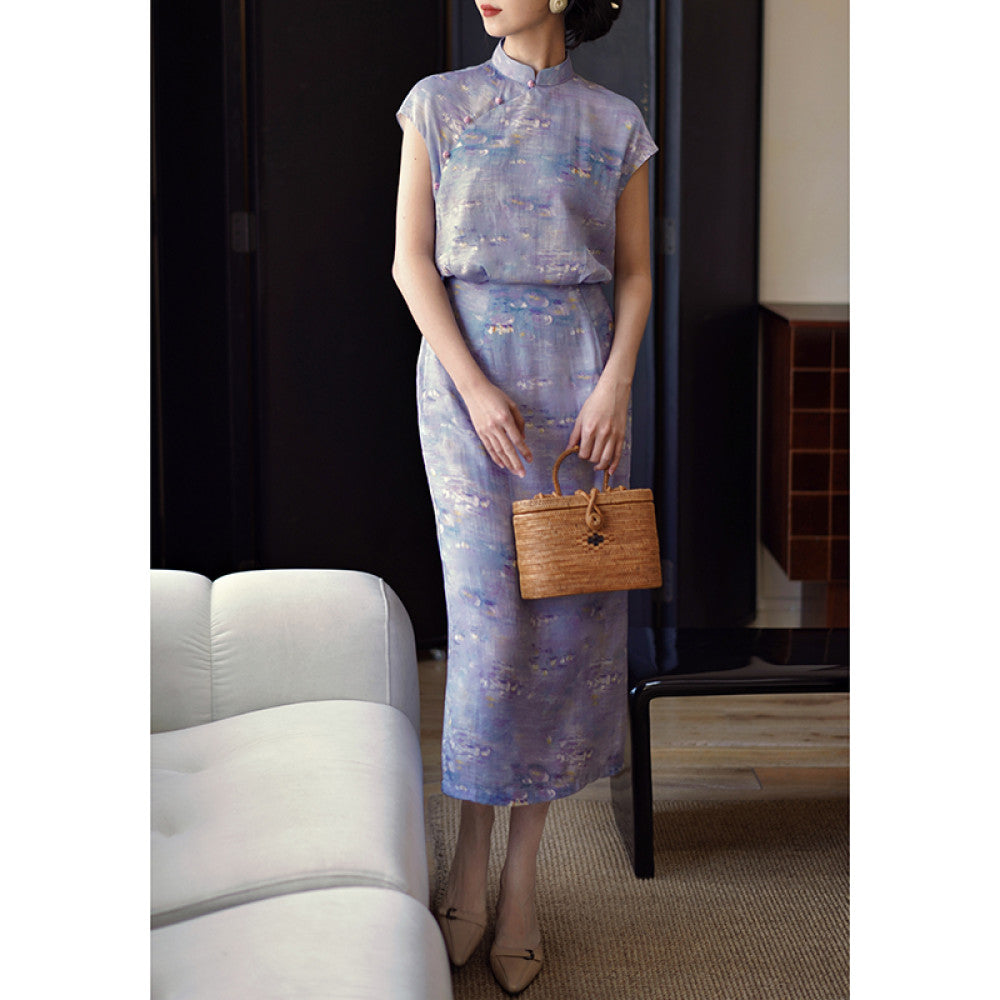 Ching s new Chinese retro contrasting color cheongsam with high waist for slimming commuting Monet garden oil painting style dress summer image 13