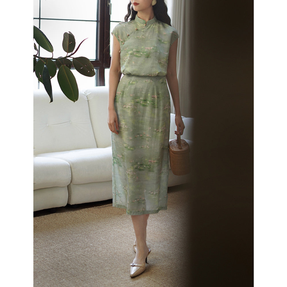 Ching s new Chinese retro contrasting color cheongsam with high waist for slimming commuting Monet garden oil painting style dress summer image 14