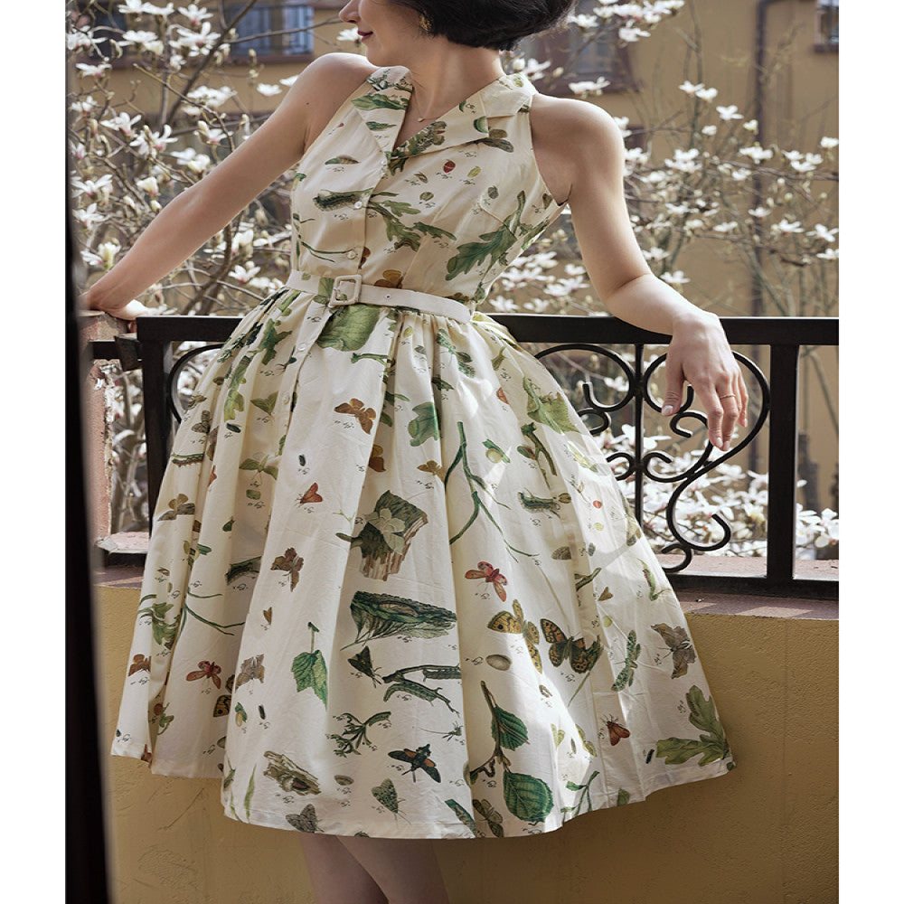 Ching s suit collar cut sleeves high waist cinched waist elegant floral dress retro and gentle Hepburn style big swing skirt image 3