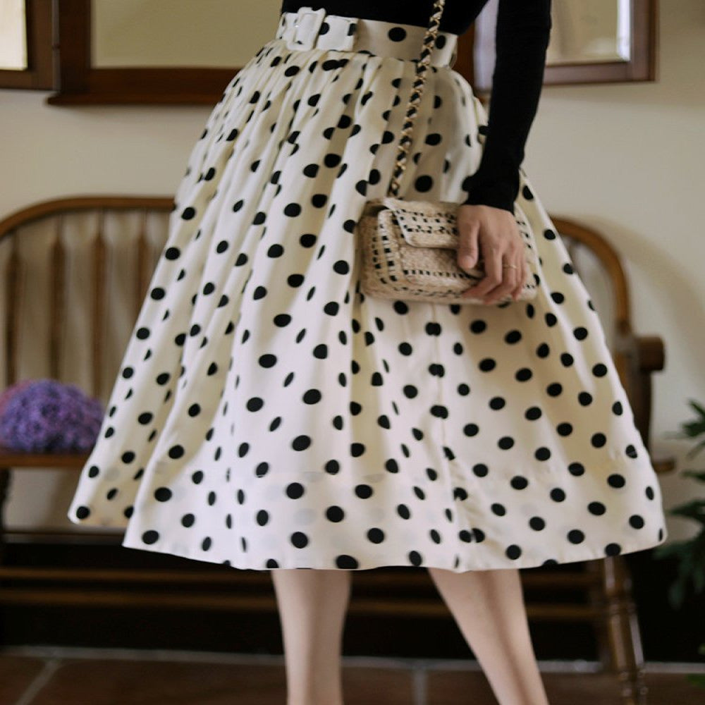 Ching s Hepburn style thick satin polka dot half skirt retro high waisted temperament pleated large swing skirt umbrella skirt summer image 2