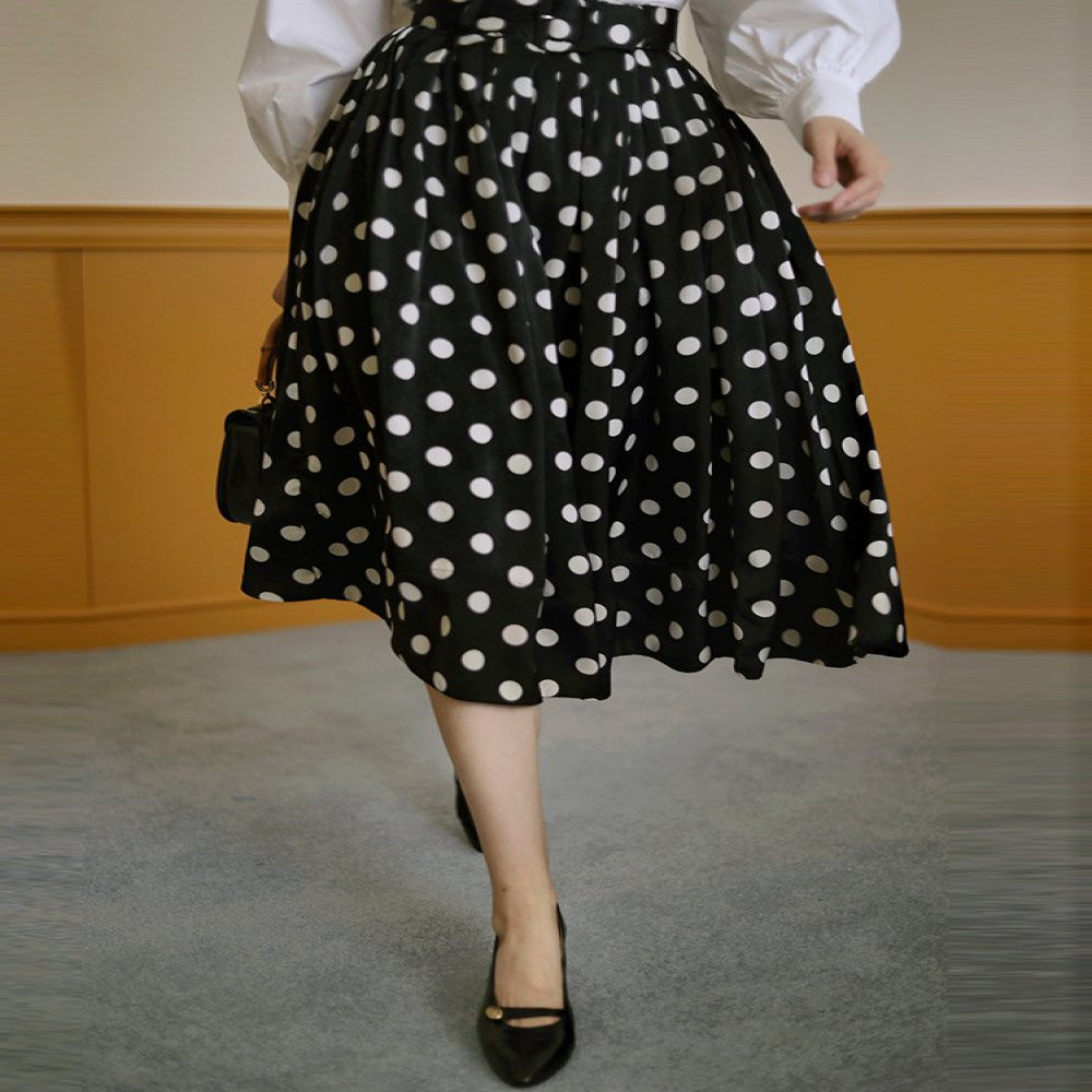 Ching s Hepburn style thick satin polka dot half skirt retro high waisted temperament pleated large swing skirt umbrella skirt summer image 3