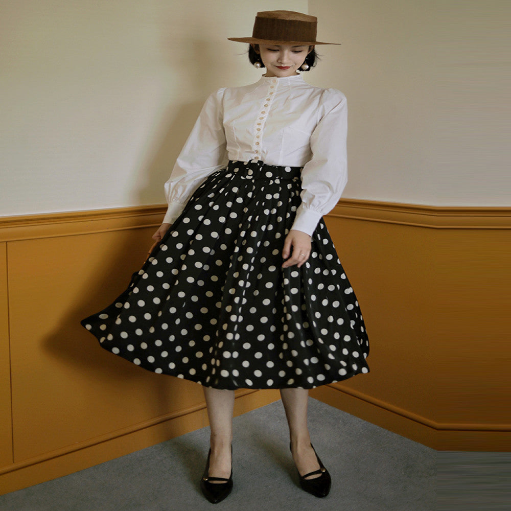 Ching s Hepburn style thick satin polka dot half skirt retro high waisted temperament pleated large swing skirt umbrella skirt summer image 4