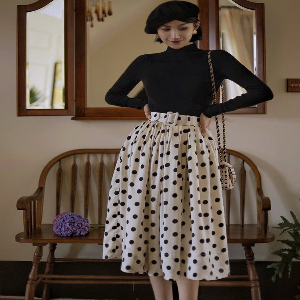 Ching s Hepburn style thick satin polka dot half skirt retro high waisted temperament pleated large swing skirt umbrella skirt summer image 5