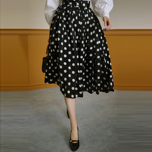 ASAYA4656 – Polka Dot Retro Midi Skirt ⚪⚫✨