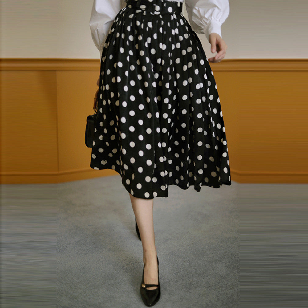 Ching s Hepburn style thick satin polka dot half skirt retro high waisted temperament pleated large swing skirt umbrella skirt summer image 13