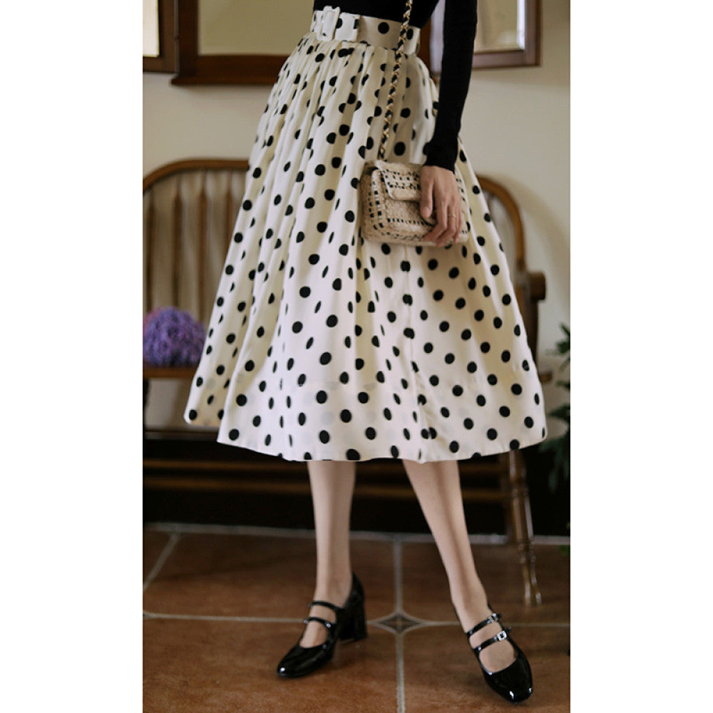 Ching s Hepburn style thick satin polka dot half skirt retro high waisted temperament pleated large swing skirt umbrella skirt summer image 24