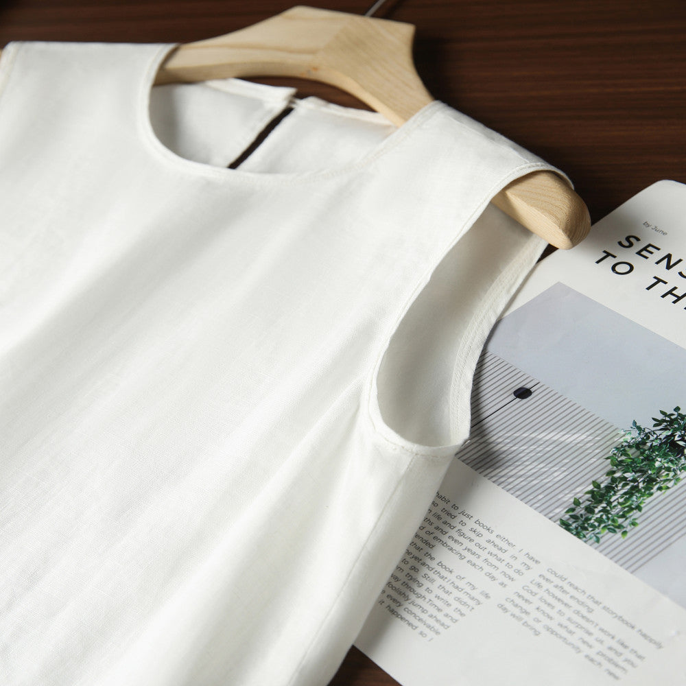 Fanfan s self made flash holiday heavy industry hollow embroidery linen straight tube A line vest looks slim sleeveless dress image 3