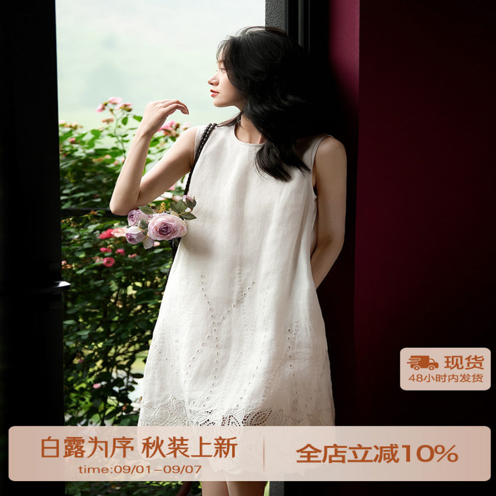 Fanfan s self made flash holiday heavy industry hollow embroidery linen straight tube A line vest looks slim sleeveless dress image 0