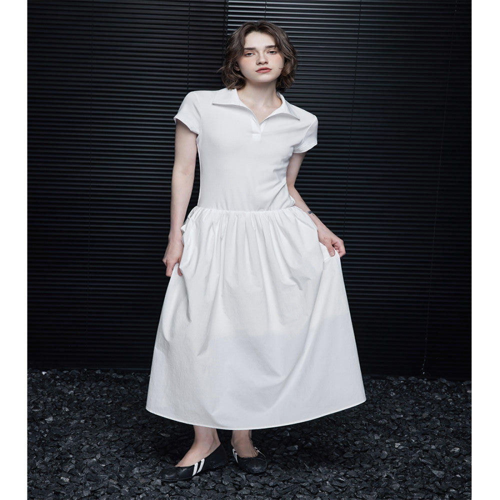 Moment white mid length dress for women in the summer of 2025 with a splicing design that is niche luxurious and high end image 1