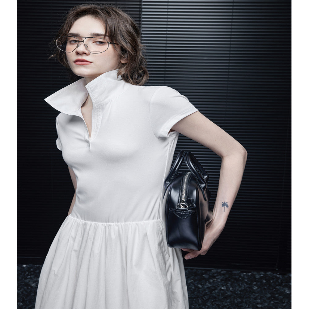 Moment white mid length dress for women in the summer of 2025 with a splicing design that is niche luxurious and high end image 2