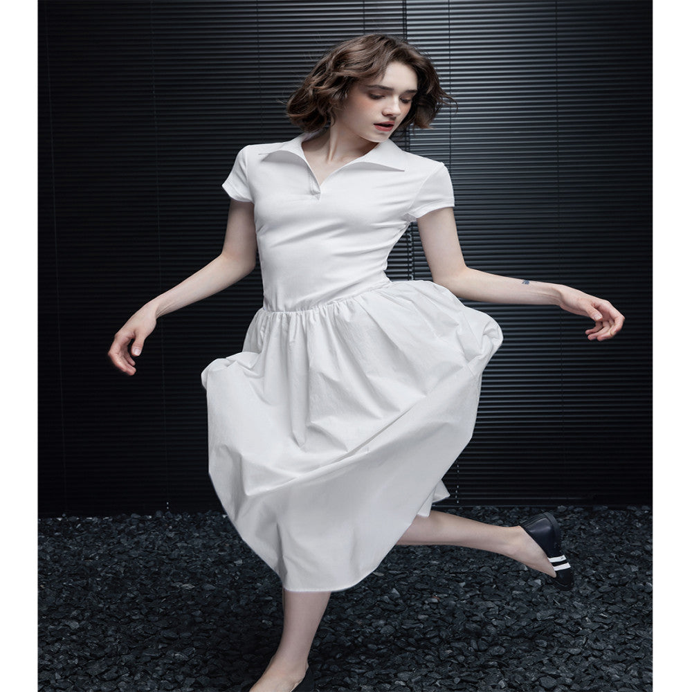 Moment white mid length dress for women in the summer of 2025 with a splicing design that is niche luxurious and high end image 4