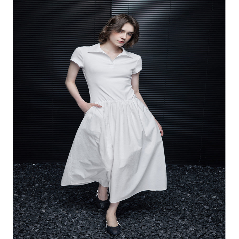 Moment white mid length dress for women in the summer of 2025 with a splicing design that is niche luxurious and high end image 5